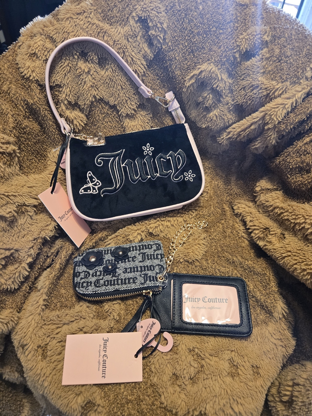 Juicy Couture Black and Pink Shoulder Bag with Card Holder and Key Pouch